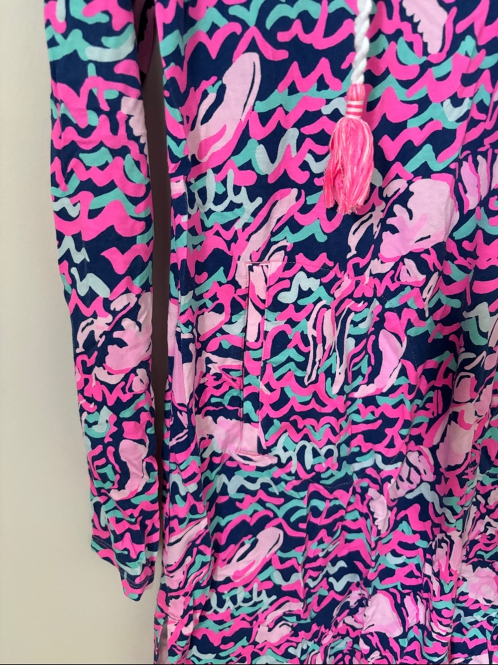 Lilly Pulitzer Pink Navy & Aqua Floral Hooded Swim Coverup - Picture 4 of 6